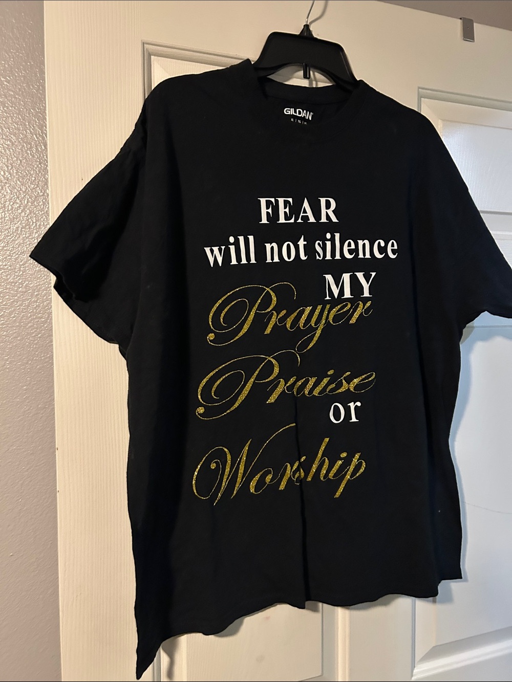 Gildan Black Short-Sleeve Tee with White and Gold Script Graphic